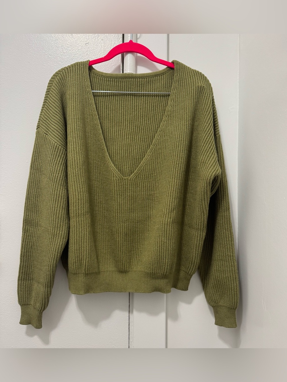 Olive Green Ribbed V-Neck Sweater